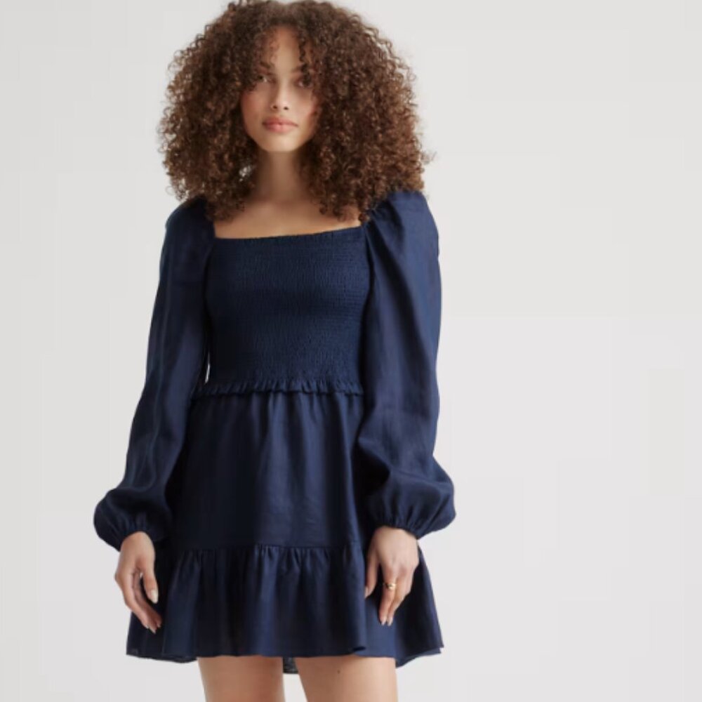 New with Tags Quince Chiffon Smocked Mini Dress in Navy Size Small
